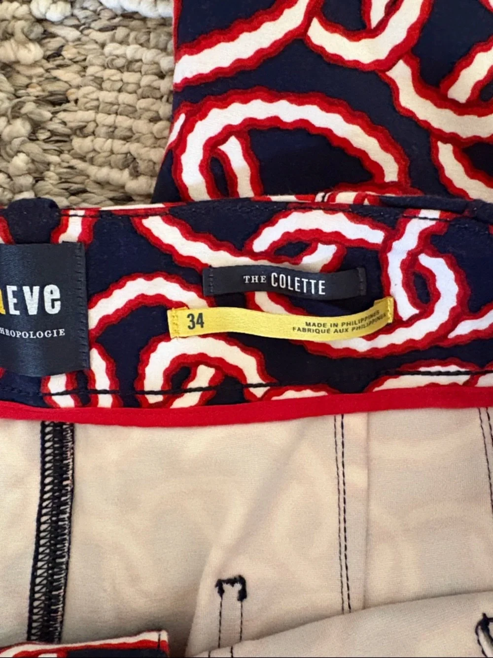 Anthropologie Maeve Navy, Red & White Chain-Print Pants Cropped Size 34 - Picture 9 of 10